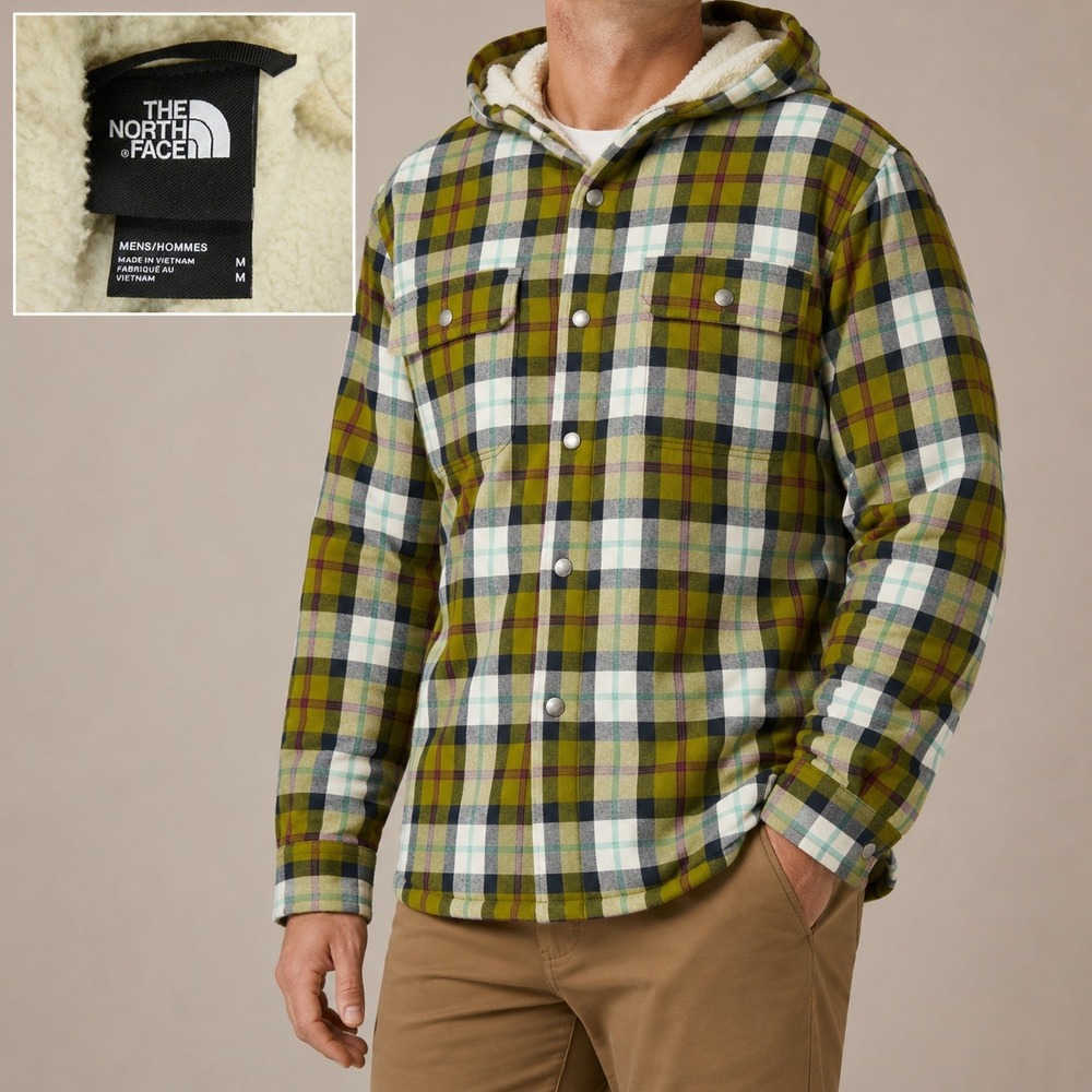 The‎ North Face Shacket Mens Medium Plaid Green Hooded Sherpa Lined Gorpcore